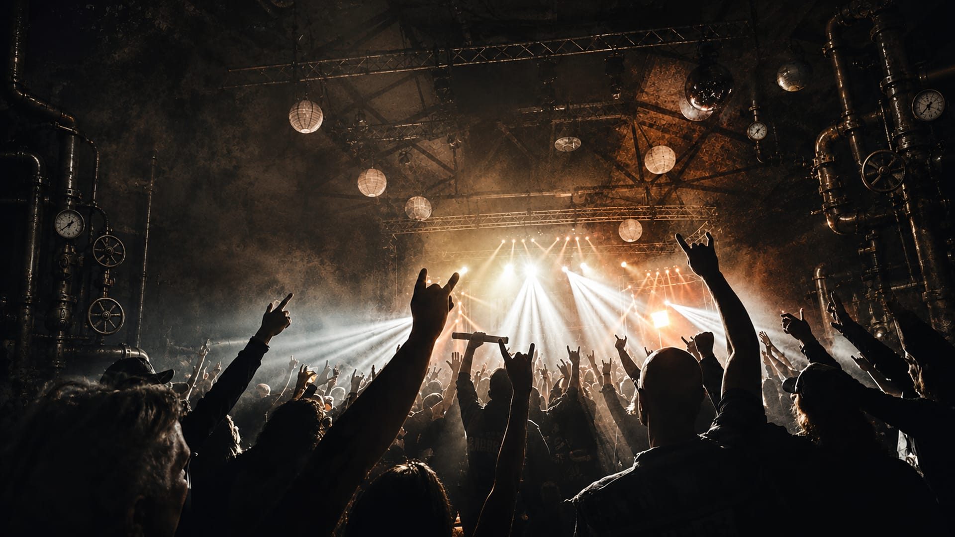Konzert im Resonanzwerk Oberhausen: Publikum mit erhobenen H&auml;nden vor der B&uuml;hne